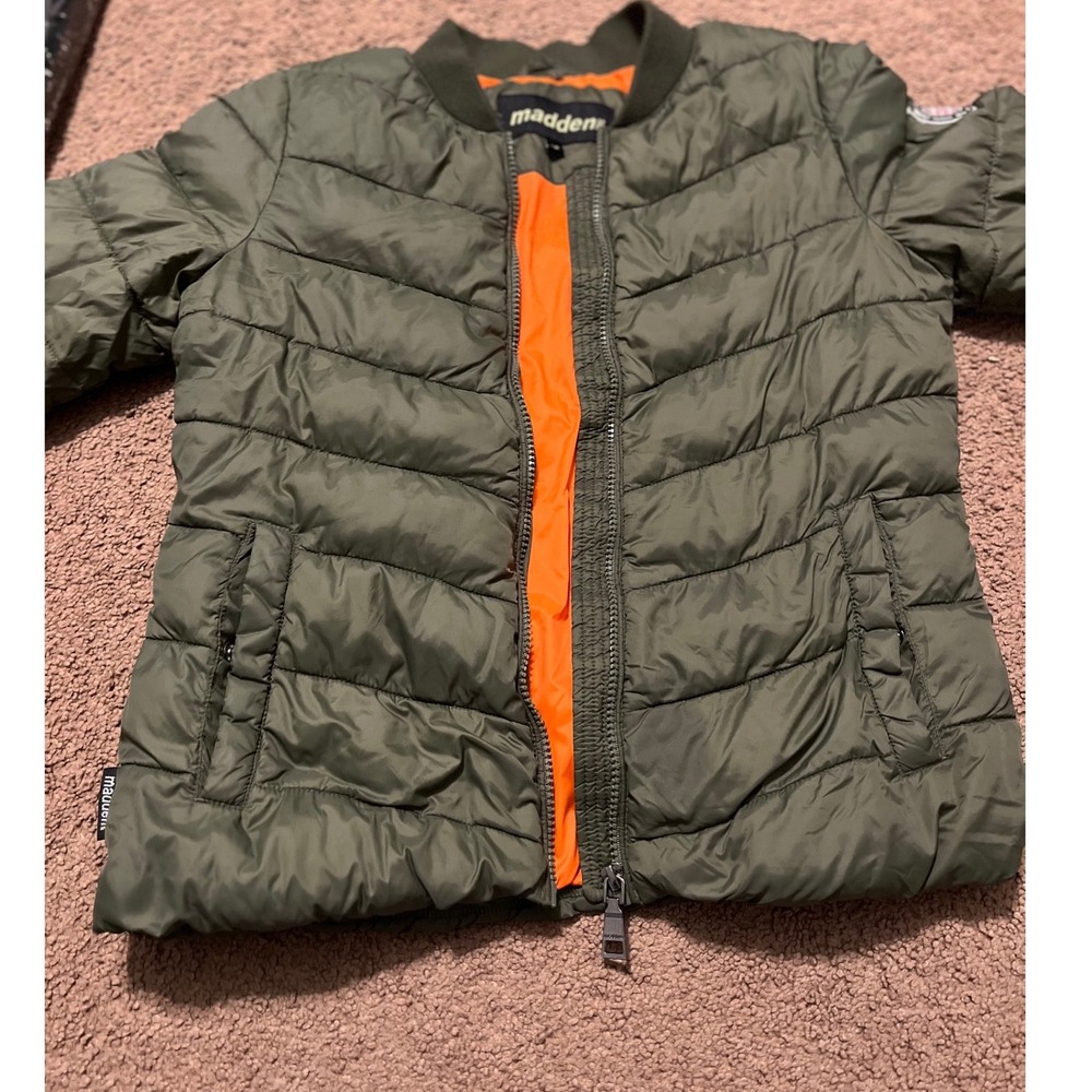 Madden NYC Bomber Jacket Olive Green Orange Lined Puffer Size S P